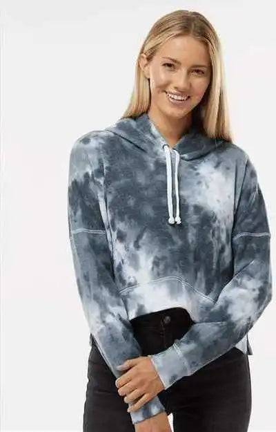 J. America 8853 Women’s Crop Hooded Sweatshirt Black Tie Dye