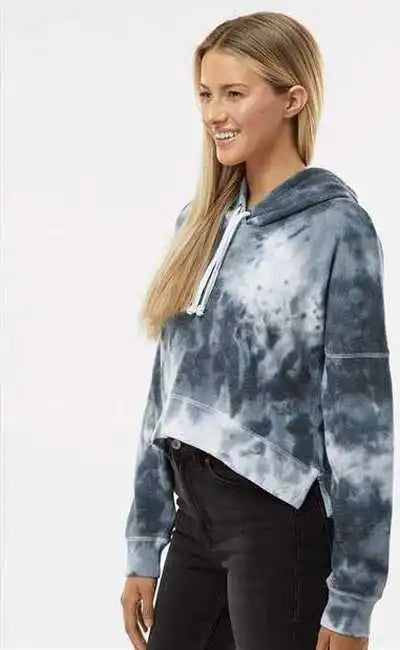 J. America 8853 Women’s Crop Hooded Sweatshirt Black Tie Dye
