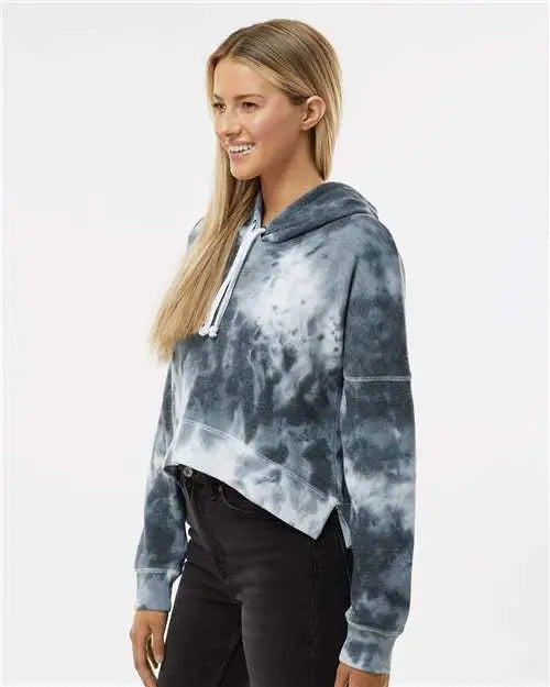 J. America 8853 Women’s Crop Hooded Sweatshirt - Black Tie Dye