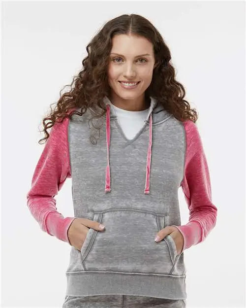 J. America 8926 Women’s Zen Fleece Raglan Hooded Sweatshirt - Cement Wildberry