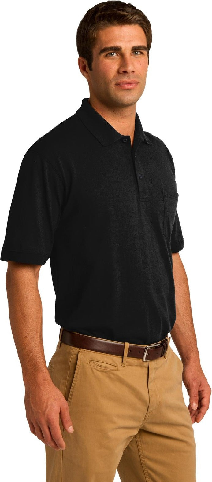 Jet Black Port & Co Core Blend Jersey Knit Pocket Polo. KP55P