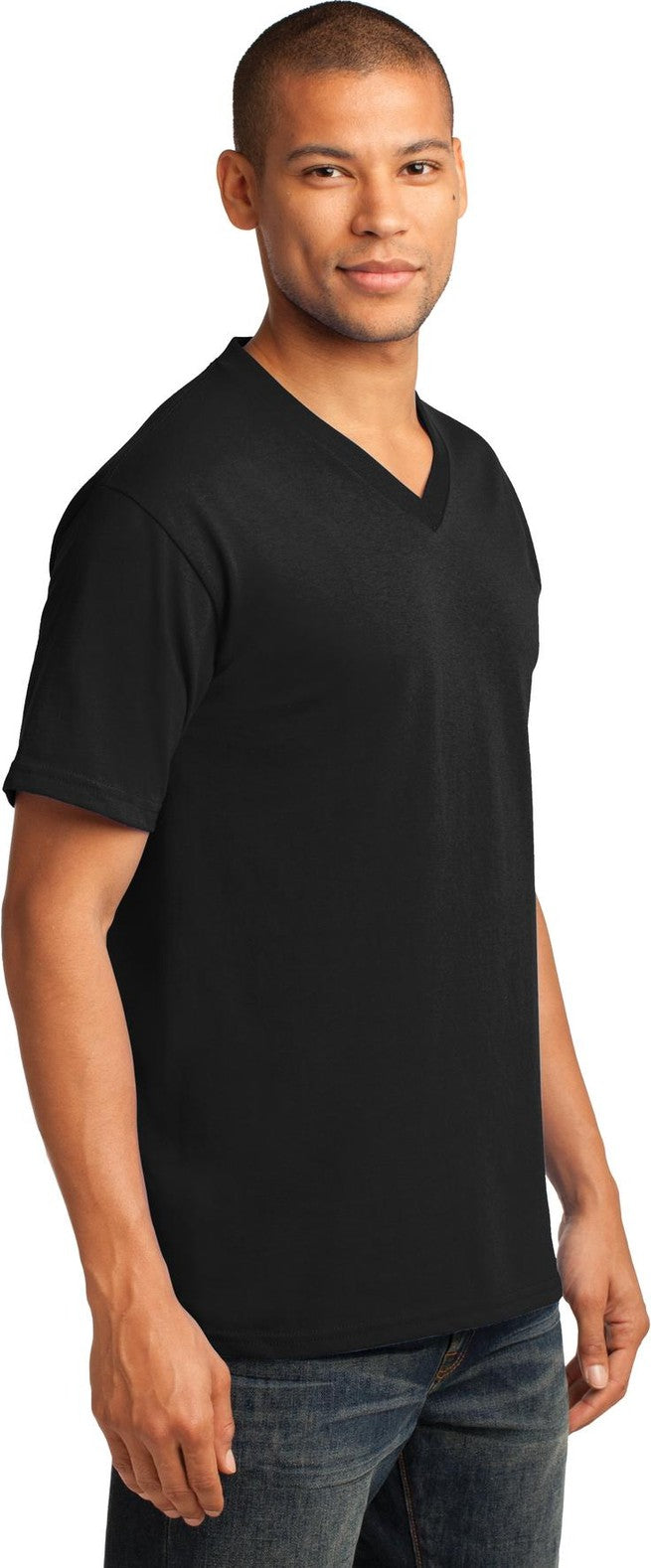Jet Black Port & Co Core Cotton V-Neck Tee. PC54V