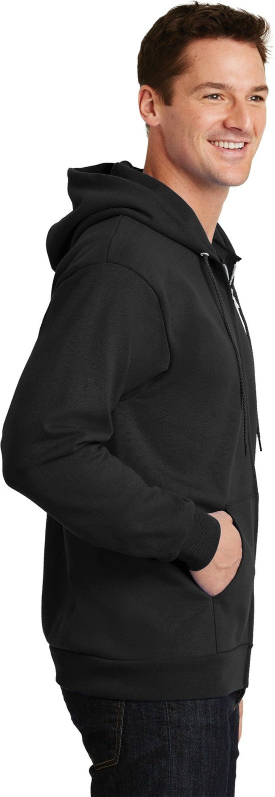 Jet Black Port & Co Essential Fleece Full-Zip Hooded Sweatshirt. PC90ZH