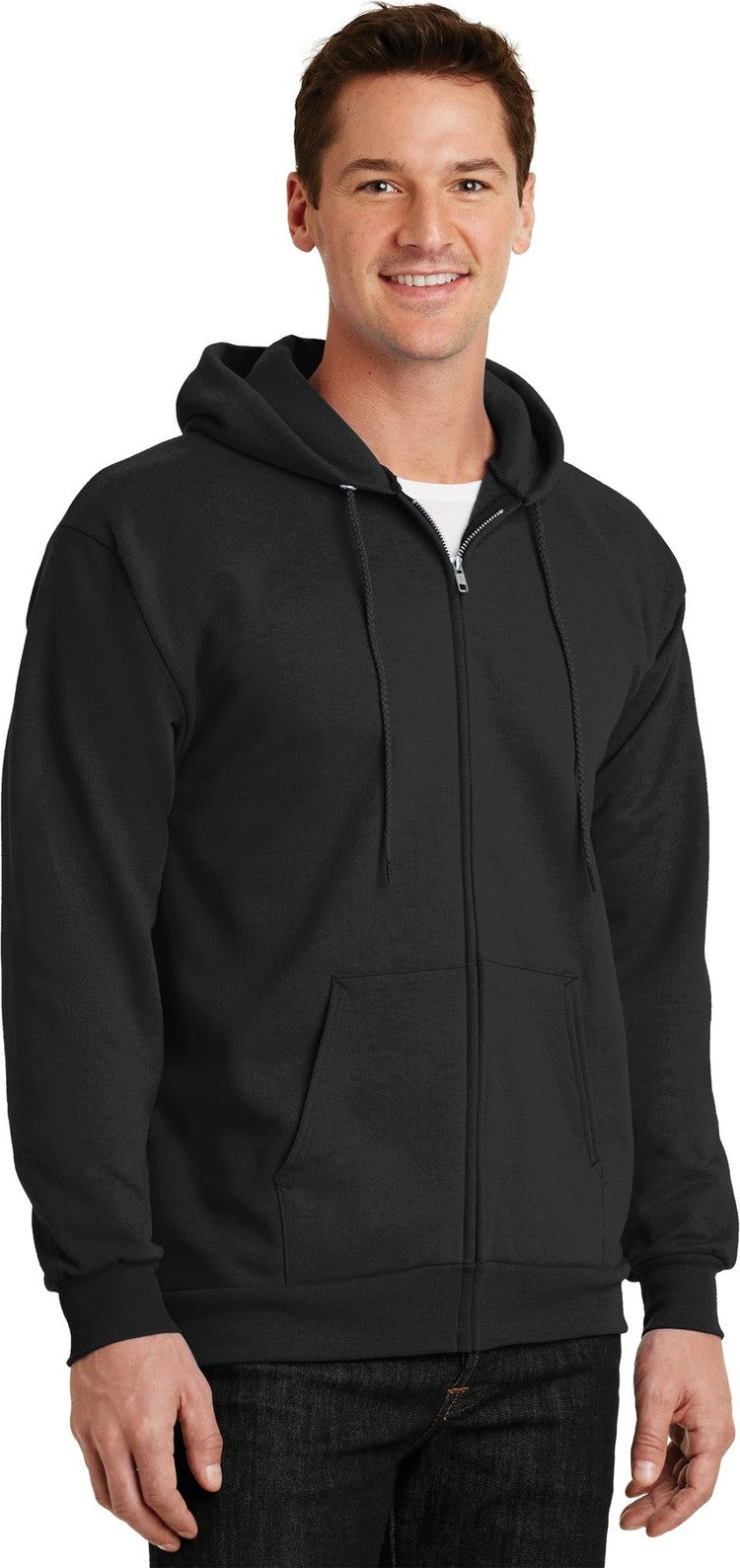 Jet Black Port & Co Essential Fleece Full-Zip Hooded Sweatshirt. PC90ZH
