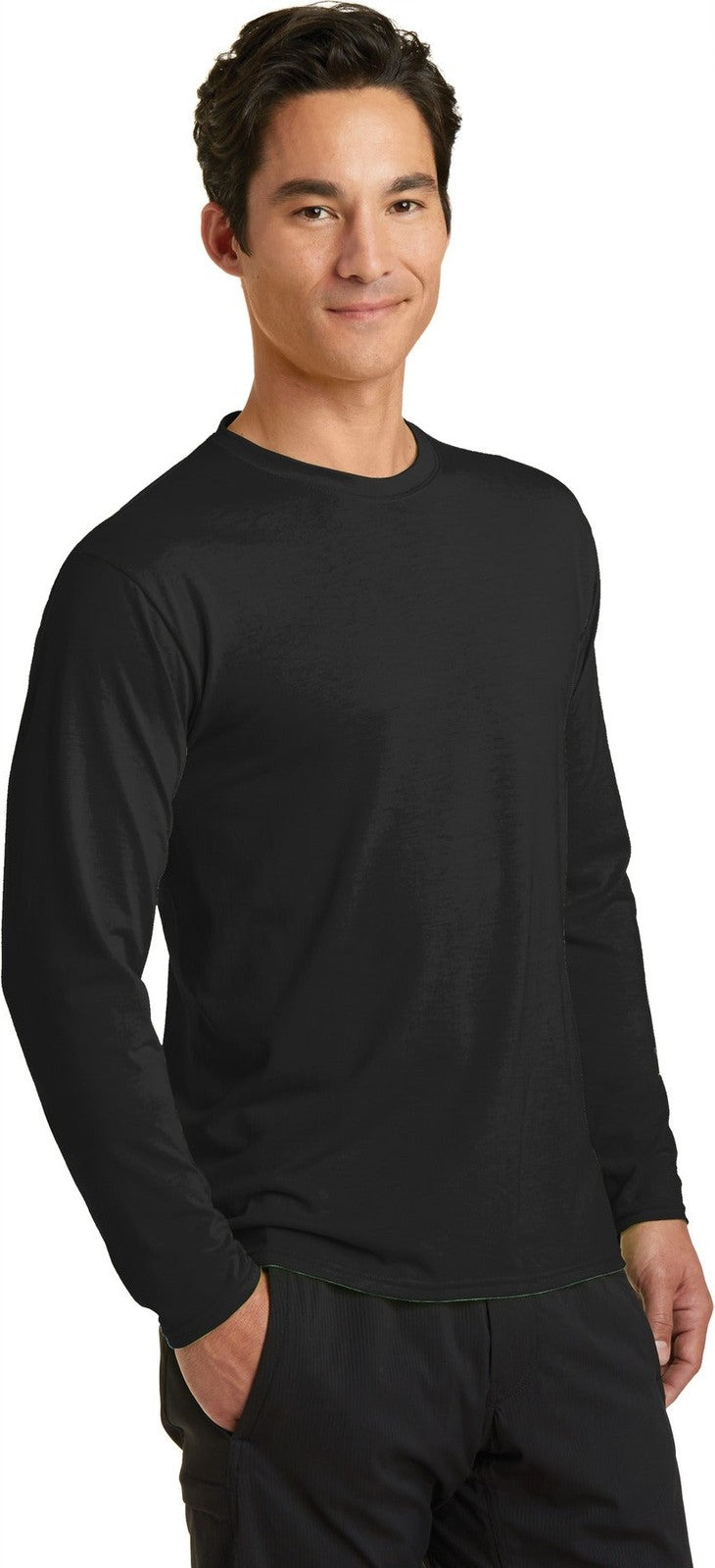 Jet Black Port & Co Long Sleeve Performance Blend Tee. PC381LS