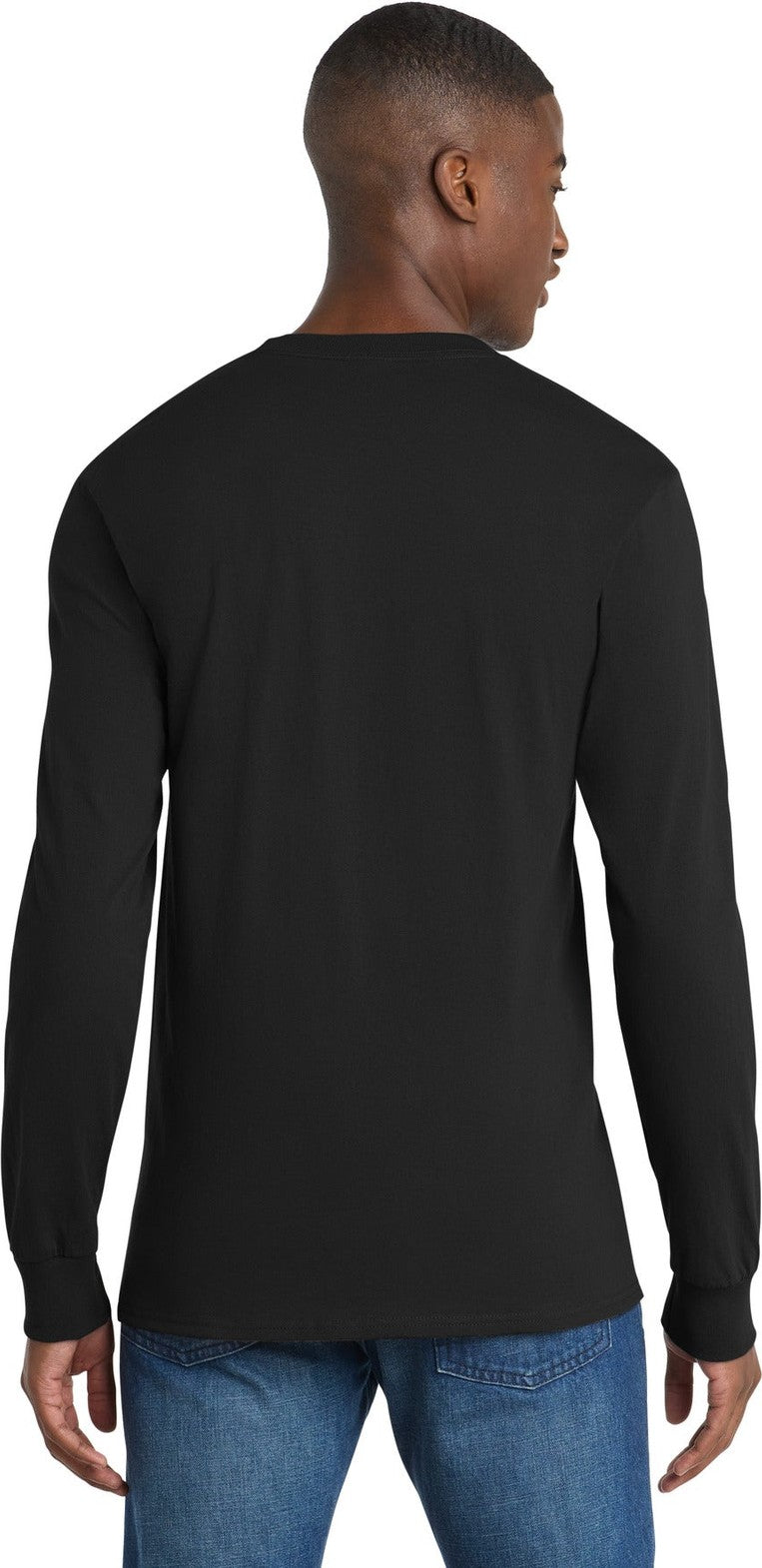 Jet Black Port & Co Tall Long Sleeve Essential Pocket Tee. PC61LSPT