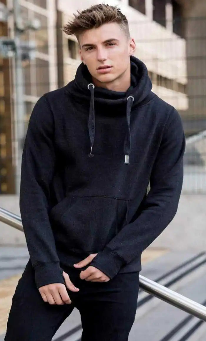 【韓国 HILLDA】Cross Hotfix Long Sleeve AWDis Men's Heavyweight Cross Over Neck Hooded Sweatshirt