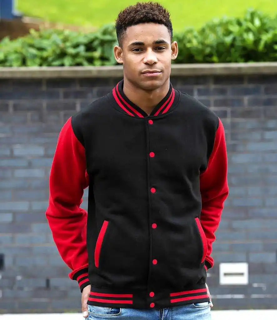 Just Hoods Jha043 Letterman Jacket - Jet Black Fire Red