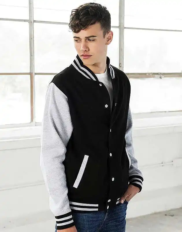 Just Hoods Jha043 Letterman Jacket - Jet Black Heather Gray
