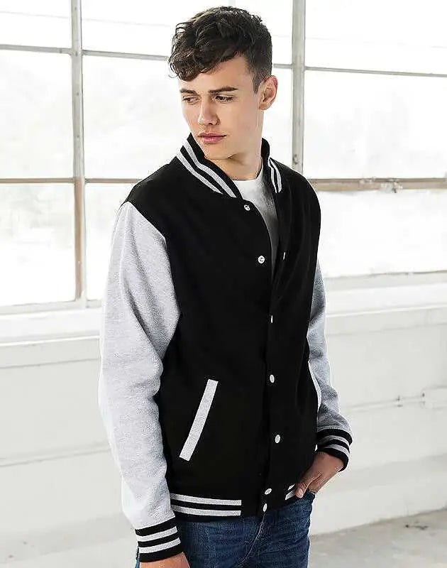 Just Hoods Jha043 Letterman Jacket - Jet Black Heather Gray