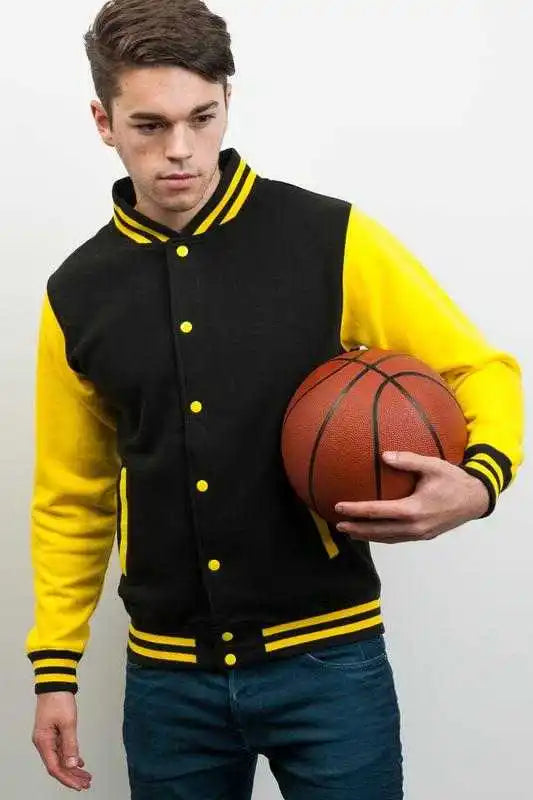 Just Hoods Jha043 Letterman Jacket - Jet Black Sun Yellow