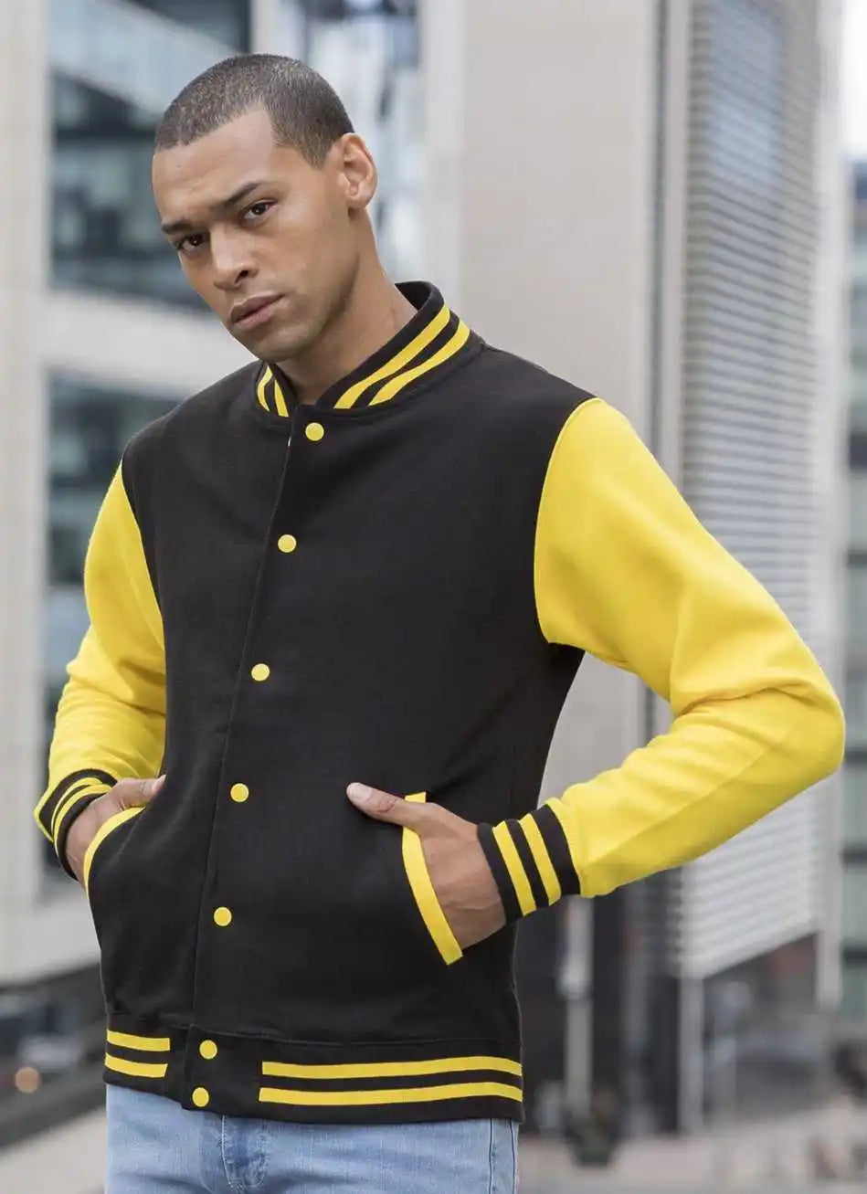 Just Hoods Jha043 Letterman Jacket - Jet Black Sun Yellow