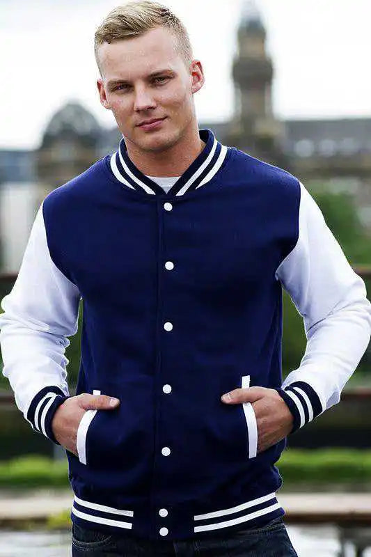 Just Hoods Jha043 Letterman Jacket - Oxford Navy White