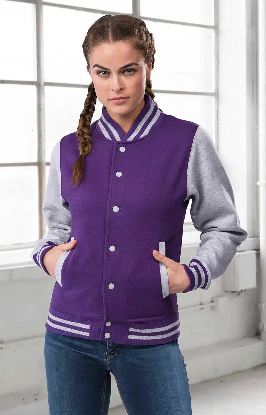 Just Hoods Jha043 Letterman Jacket - Purple Heather Gray