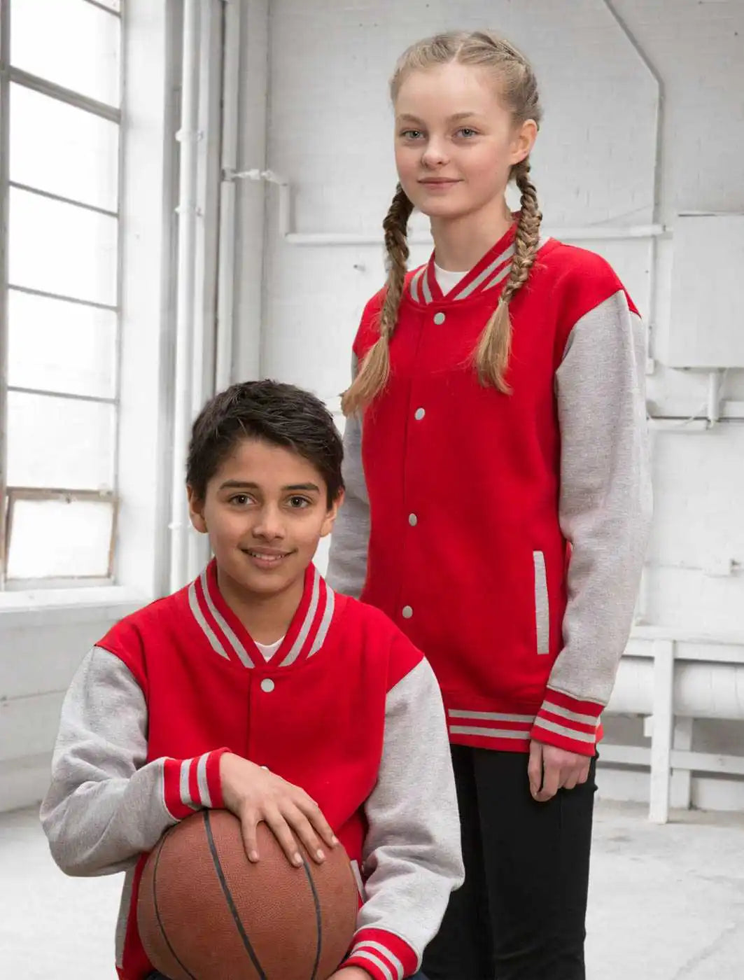 Just Hoods Jhy043 Youth Letterman Jacket - Fire Red Heather Gray