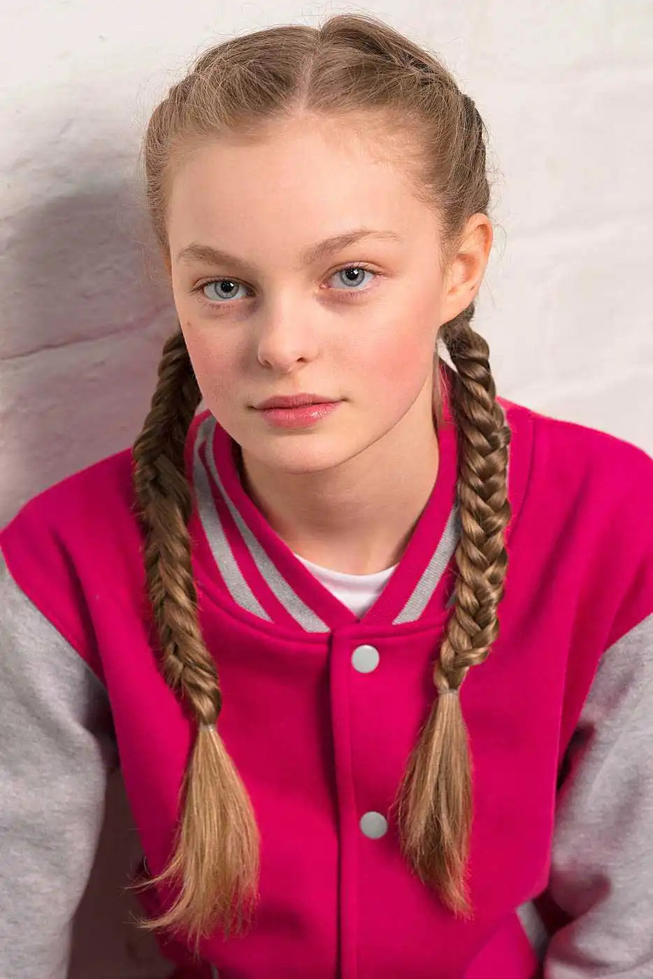 Just Hoods Jhy043 Youth Letterman Jacket - Hot Pink Heather Gray