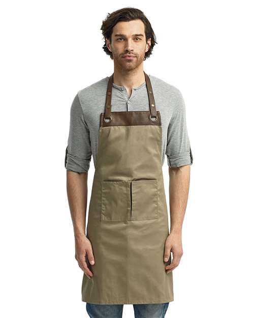 Front View of Khaki/ Brown Espresso Bib Apron with Pocket - RP123