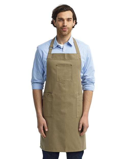 Front View of Khaki Cotton Chino Bib Apron with Pocket - RP132