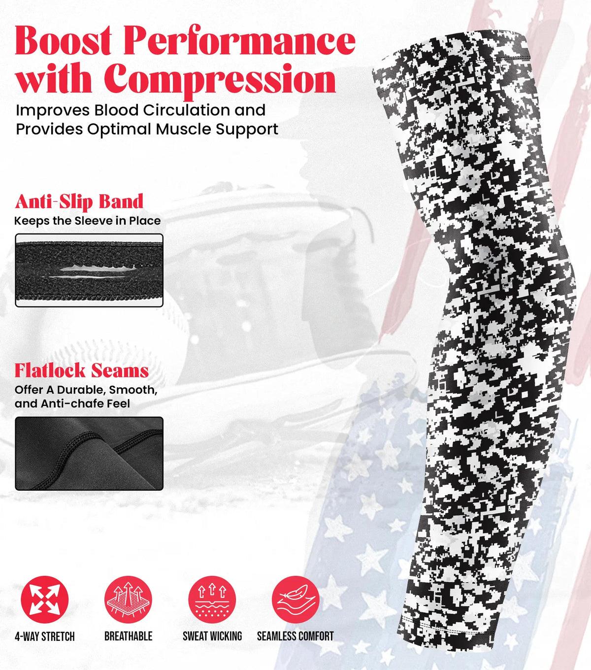 Kids Baseball Batting Gloves with Arm Sleeve (black/white Camo)