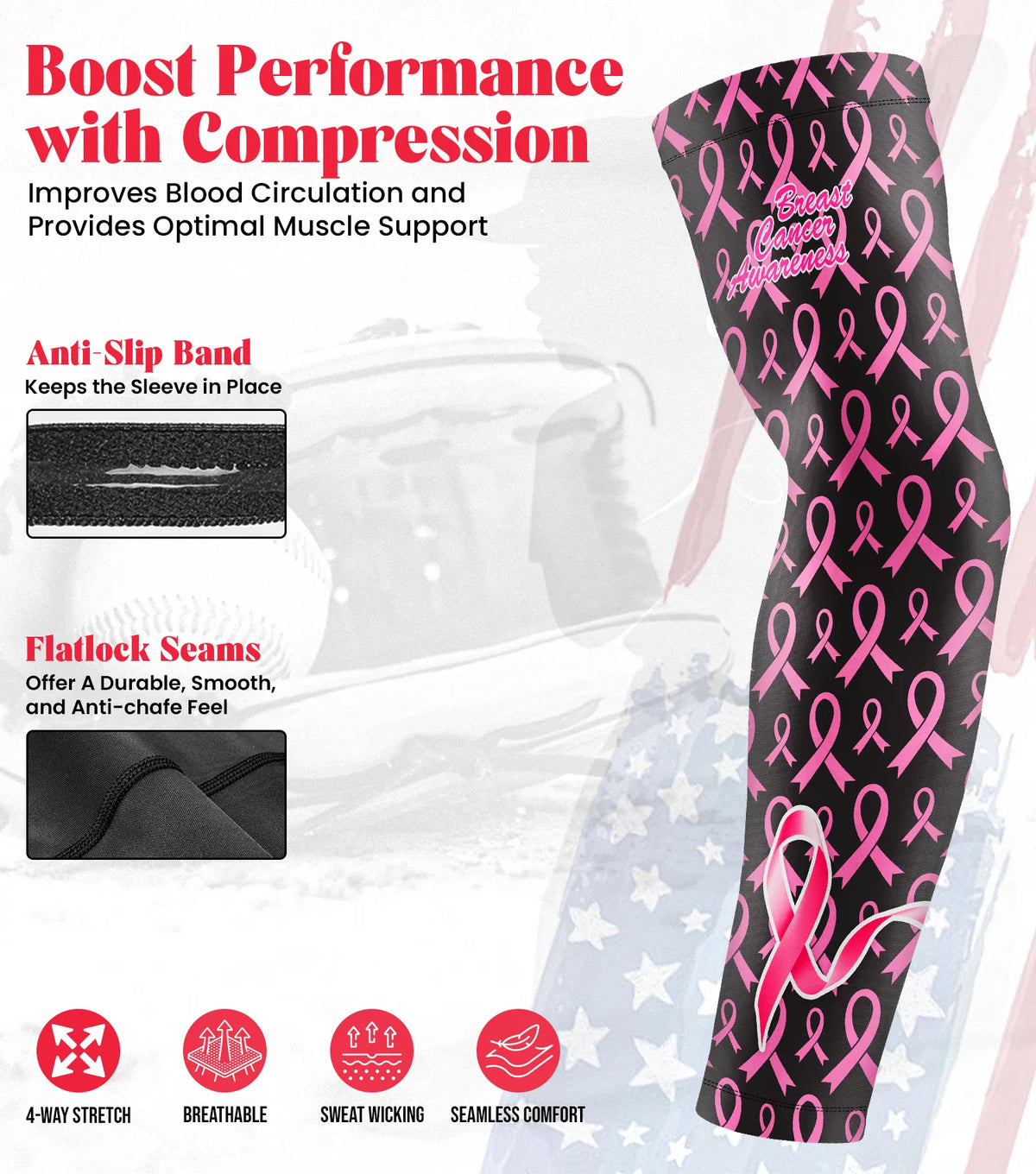 Kids Baseball Batting Gloves with Arm Sleeve (breast Cancer)