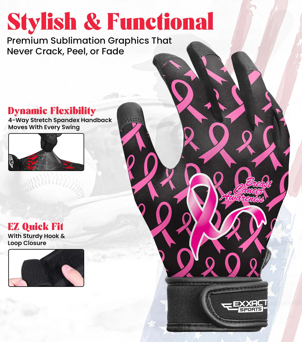 Kids Baseball Batting Gloves with Arm Sleeve (breast Cancer)