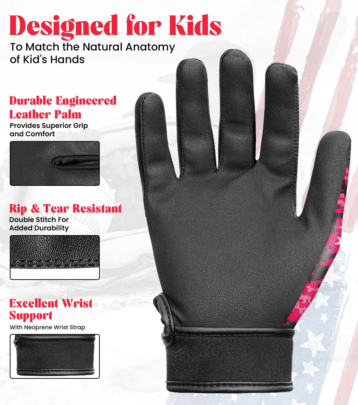Kids Baseball Batting Gloves with Arm Sleeve (pink Camo)
