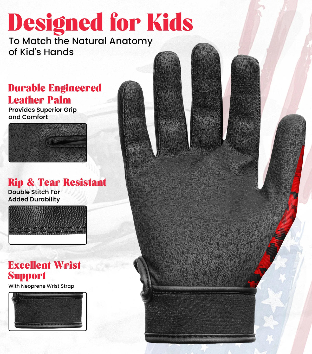 Kids Baseball Batting Gloves with Arm Sleeve (red Camo)