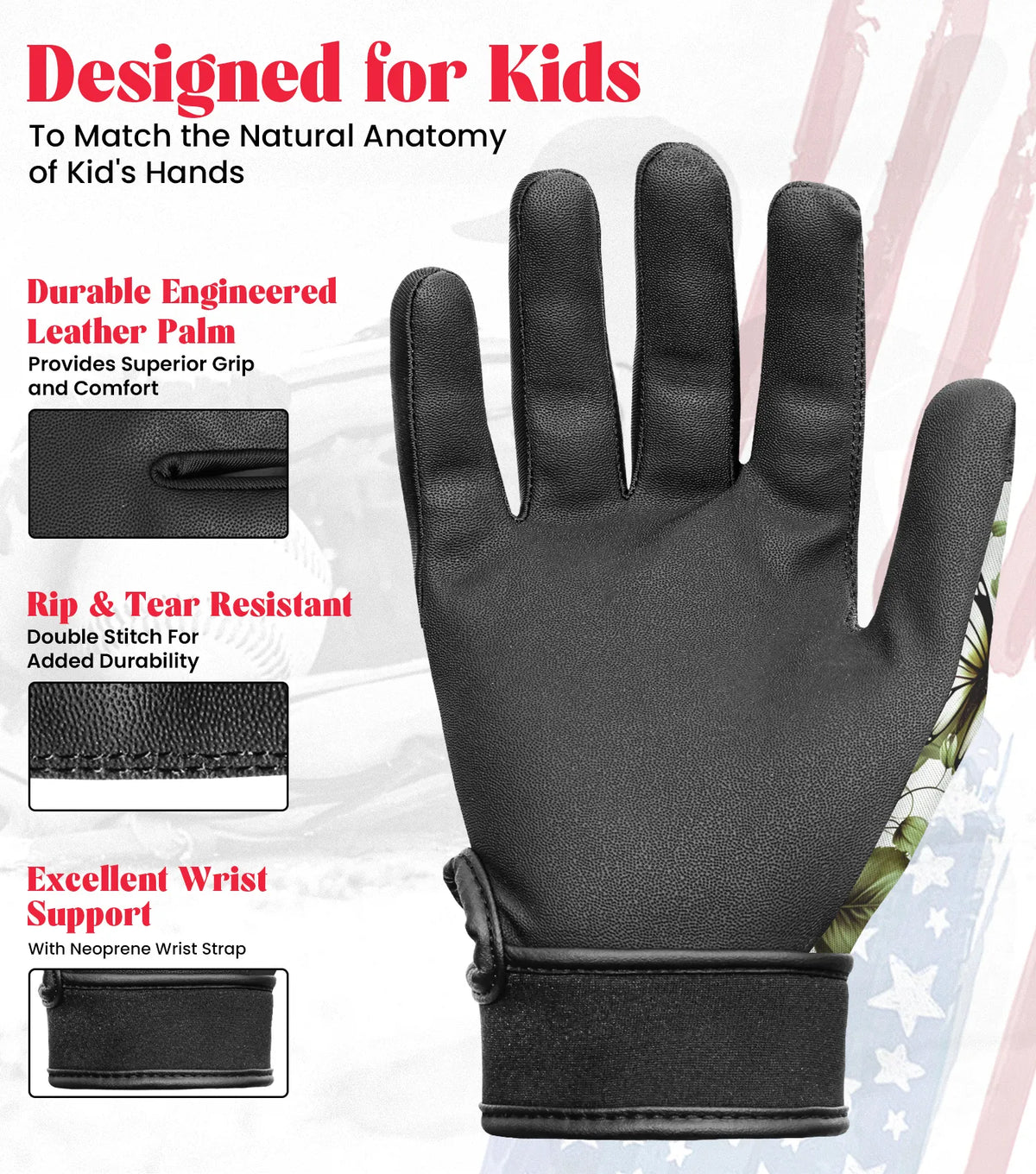 Kids Baseball Batting Gloves with Arm Sleeve (red Rose)