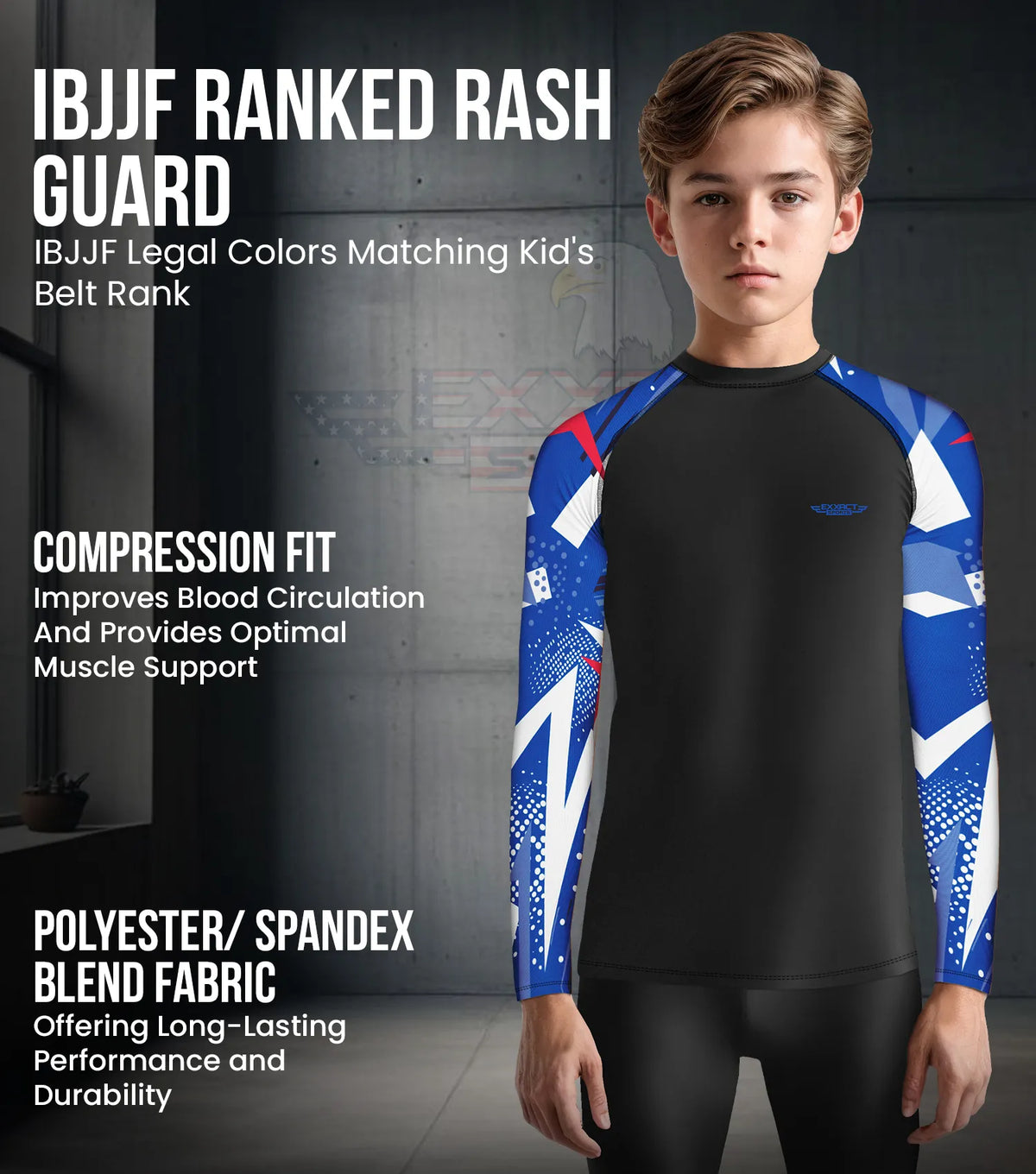 Kids Blue Texture Bjj Rash Guard Long Sleeve