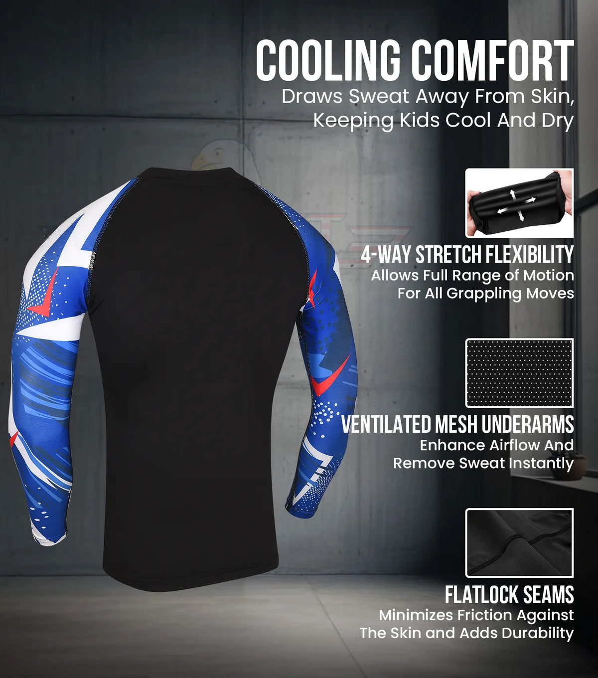 Kids Blue Texture Bjj Rash Guard Long Sleeve
