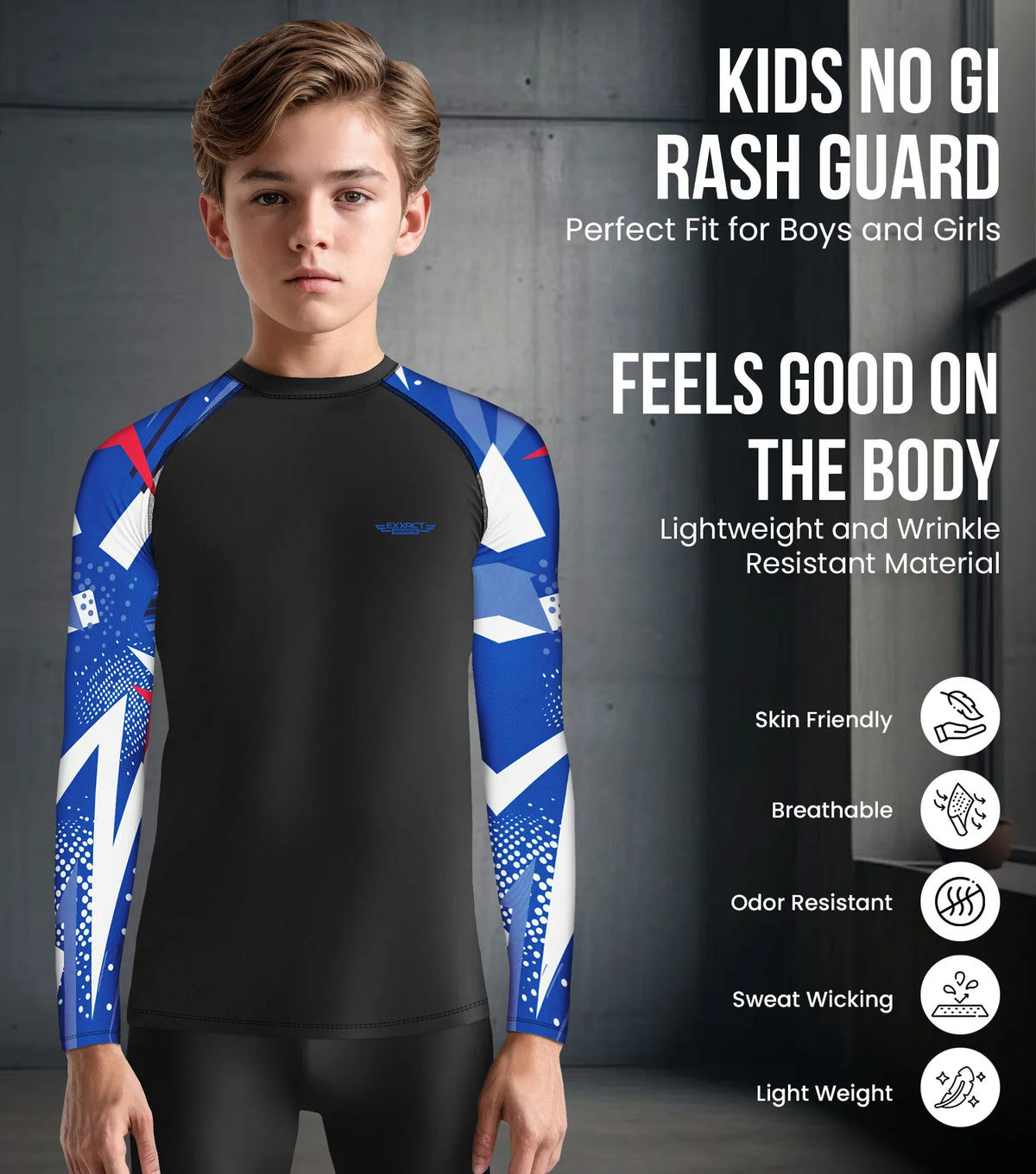 Kids Blue Texture Bjj Rash Guard Long Sleeve