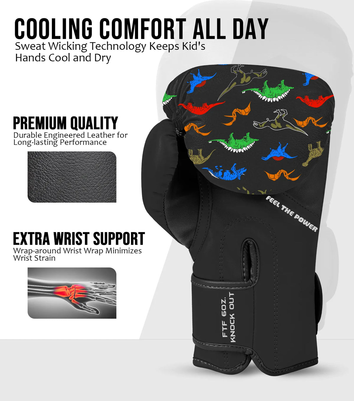 Kids Printed Knockout Boxing Gloves with Padded Protection (dinosaur)