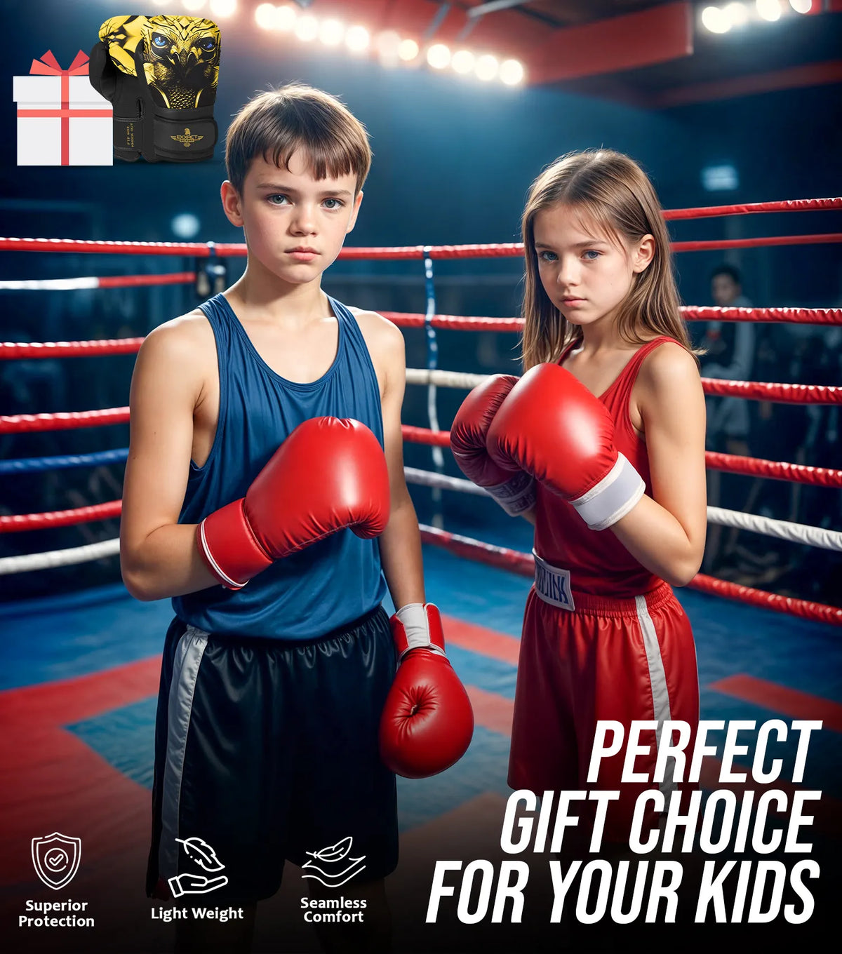 Kids Printed Knockout Boxing Gloves with Padded Protection (eagle)