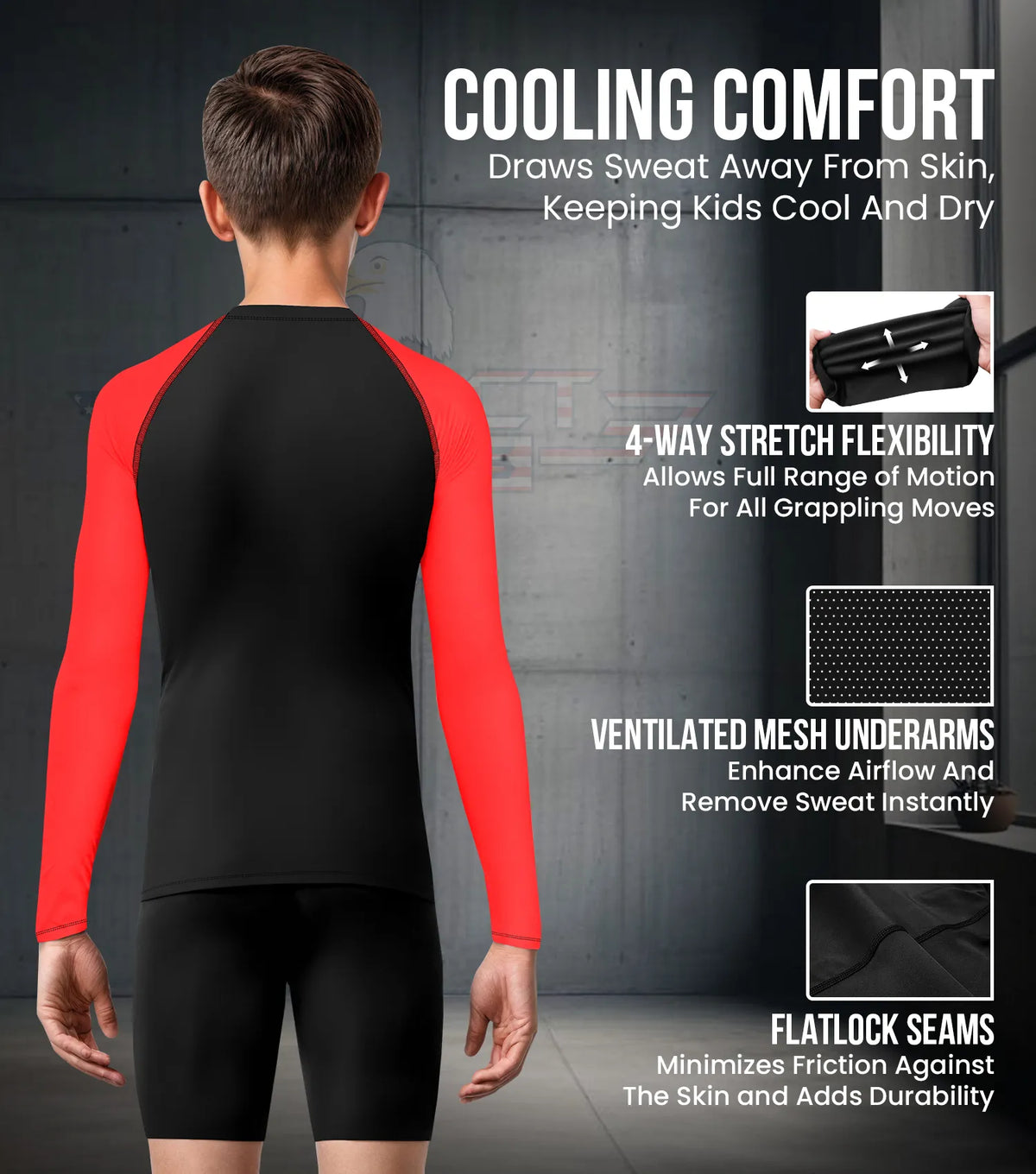 Kids Red Bjj Rash Guard Long Sleeve