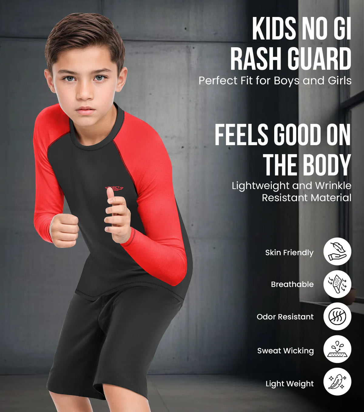 Kids Red Bjj Rash Guard Long Sleeve