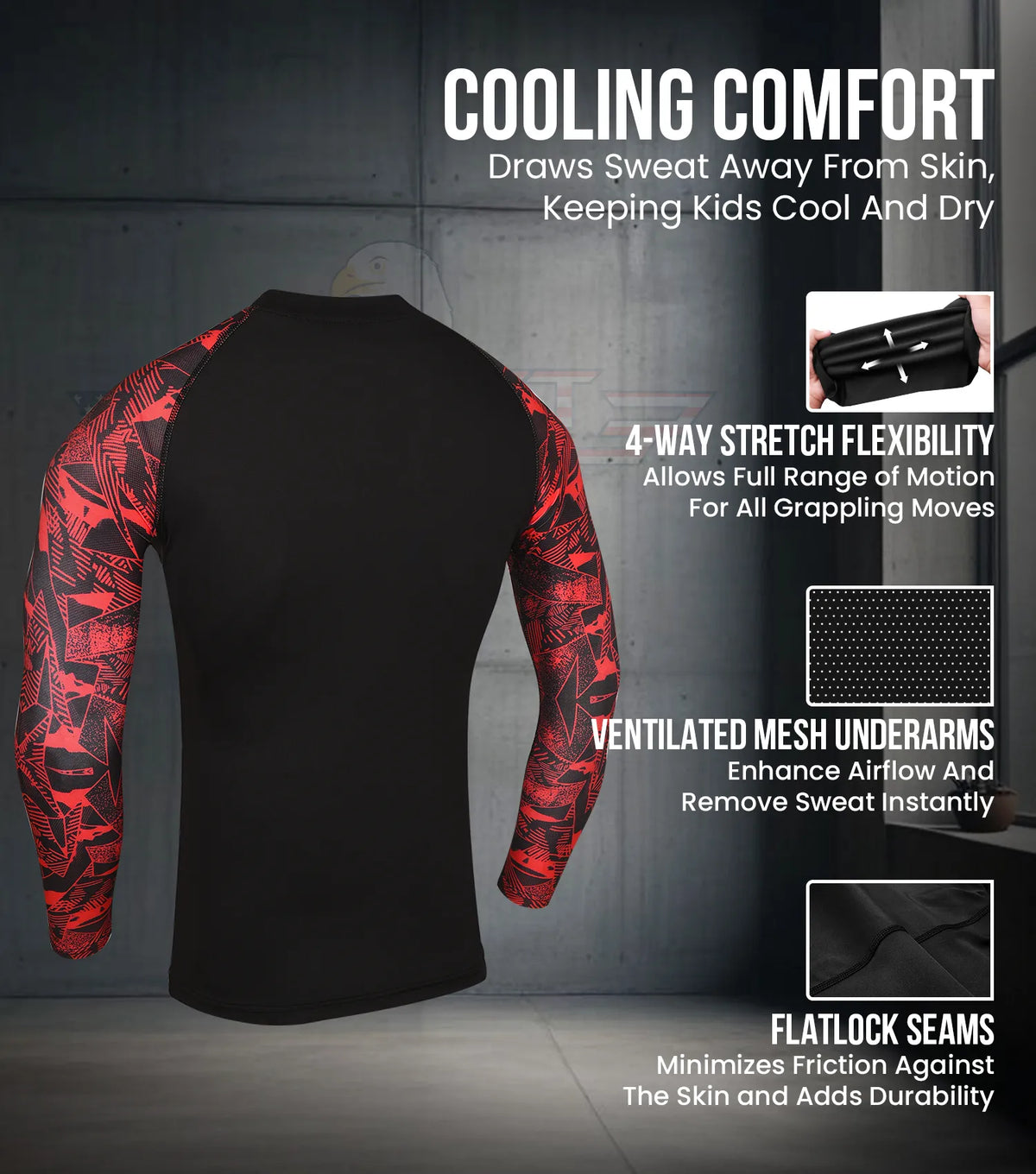 Kids Red Texture Bjj Rash Guard Long Sleeve