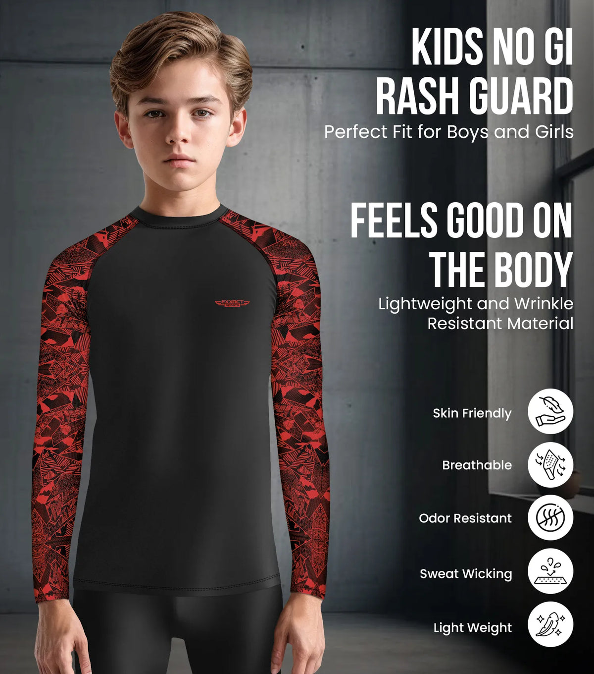 Kids Red Texture Bjj Rash Guard Long Sleeve