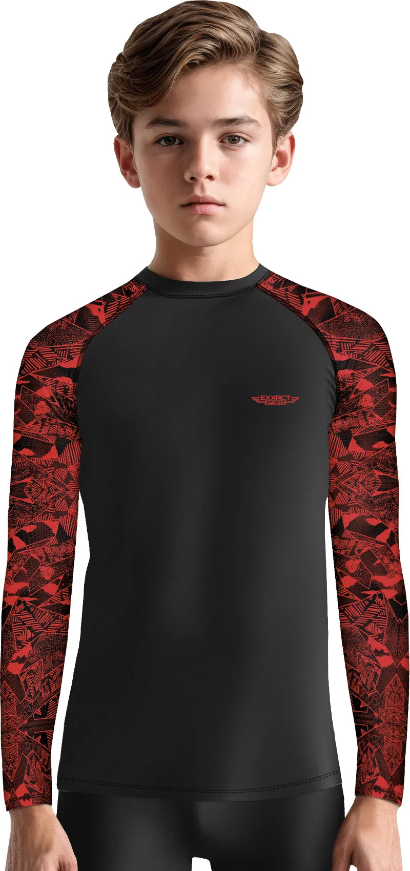 Kids Red Texture Bjj Rash Guard Long Sleeve