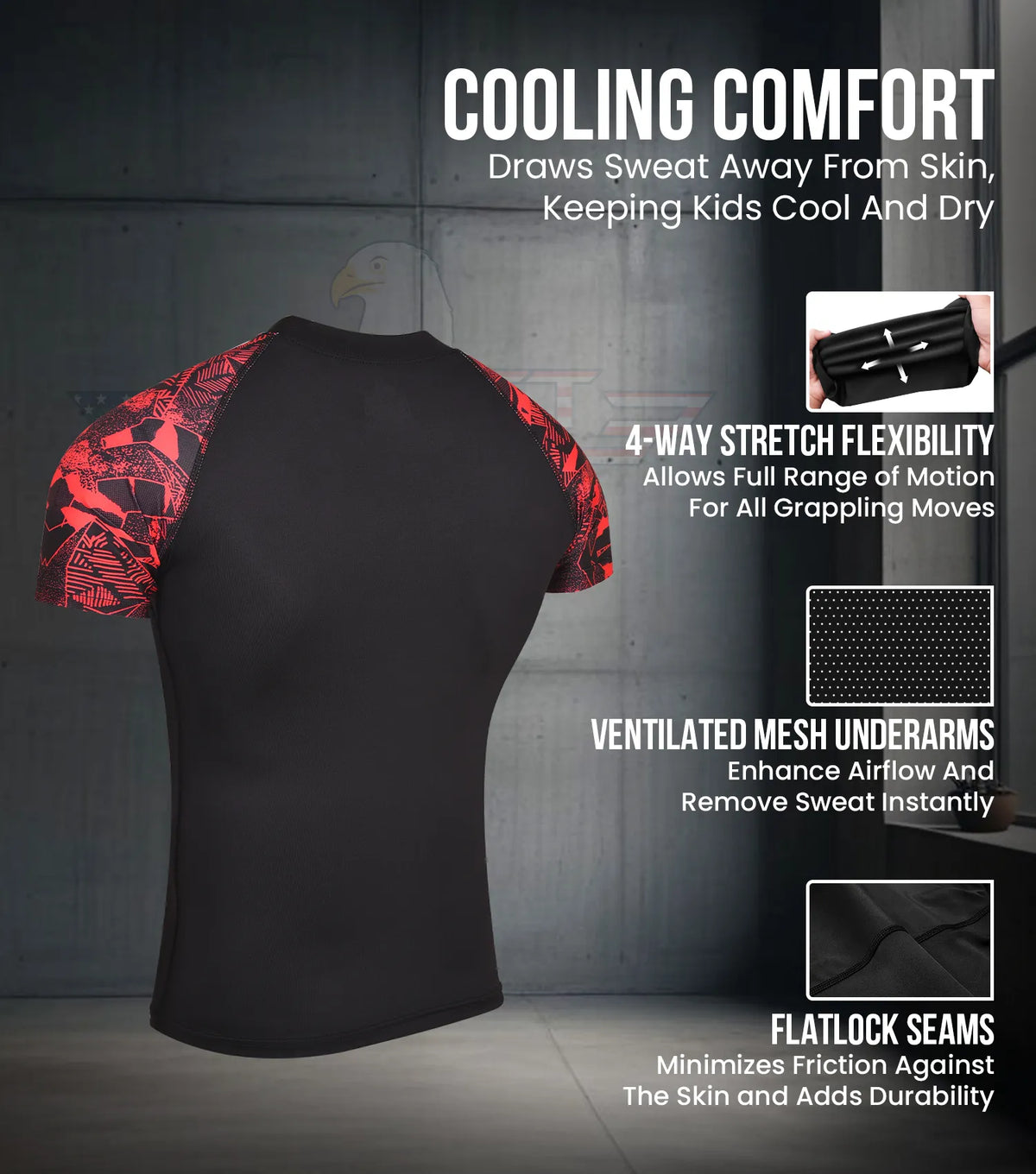 Kids Red Texture Bjj Rash Guard Short Sleeve