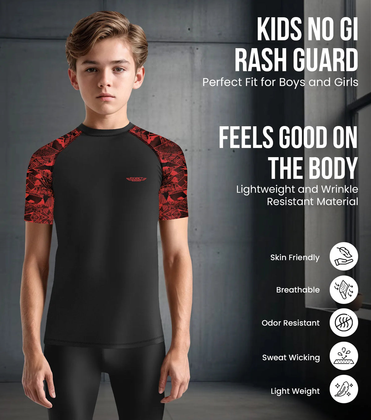 Kids Red Texture Bjj Rash Guard Short Sleeve