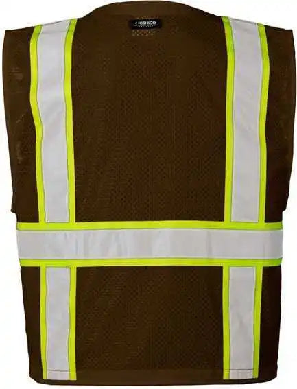 Kishigo B100 111 Ev Series Enhanced Visibility Multi Pocket Mesh Vest Brown Lime B108