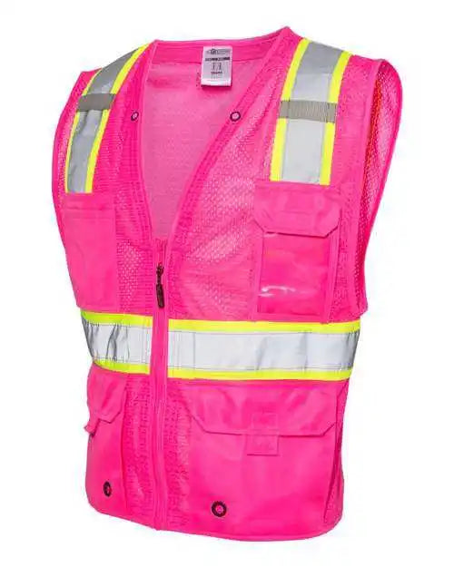 Kishigo B100 111 Ev Series Enhanced Visibility Multi Pocket Mesh Vest Pink Lime B107