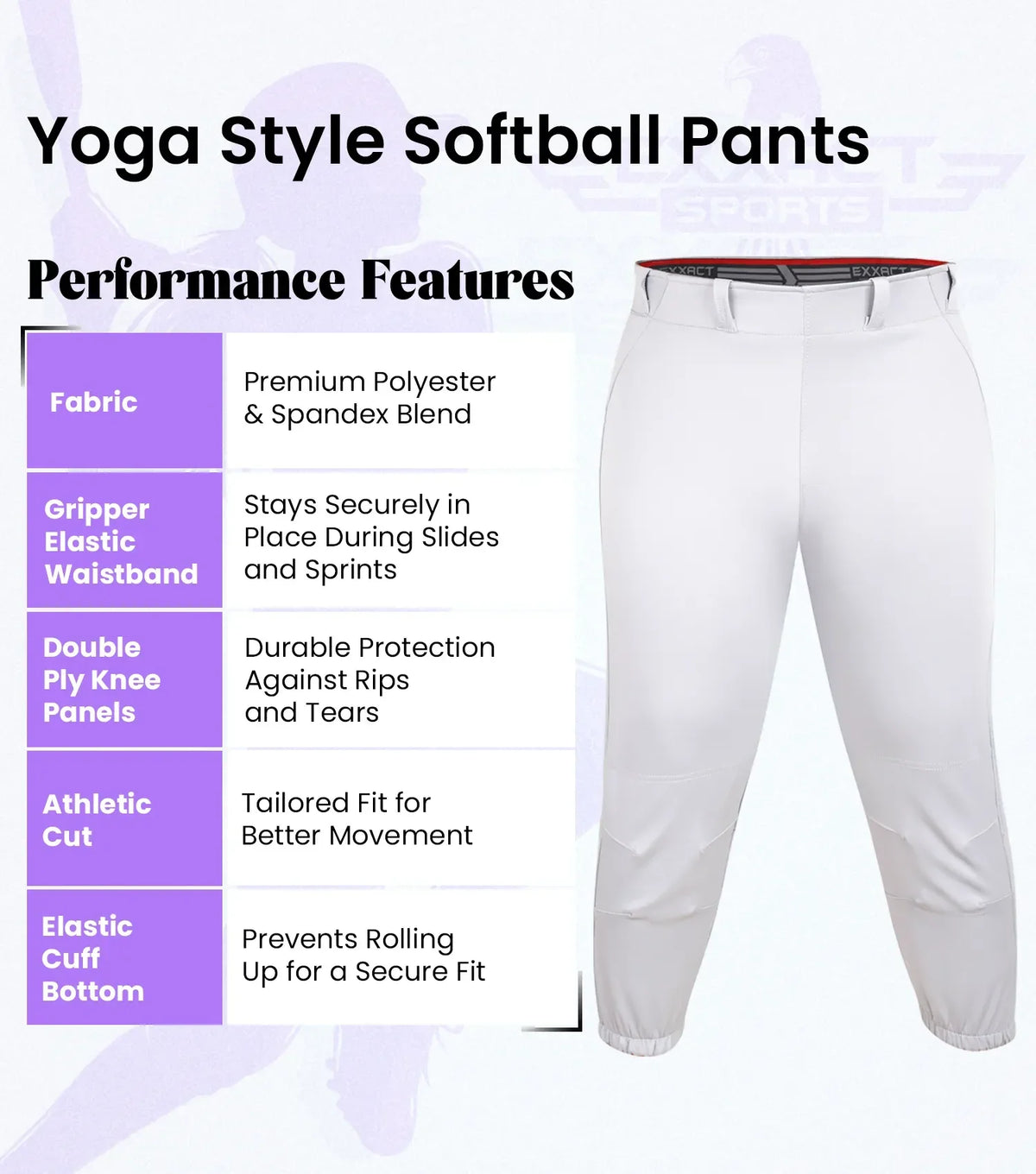 Knicker/yoga Style Softball Pants for Girls (white)