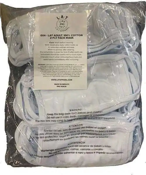 Lat 004 100% Cotton 2-ply Face Mask Pkg 50 - White - one Size Fits Most