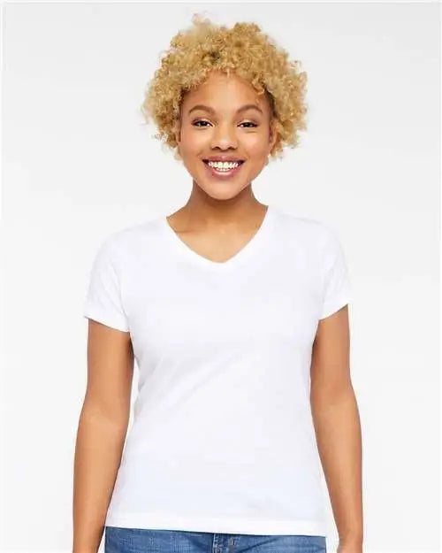 Lat 3507 Women’s Fine Jersey V-neck Tee - White