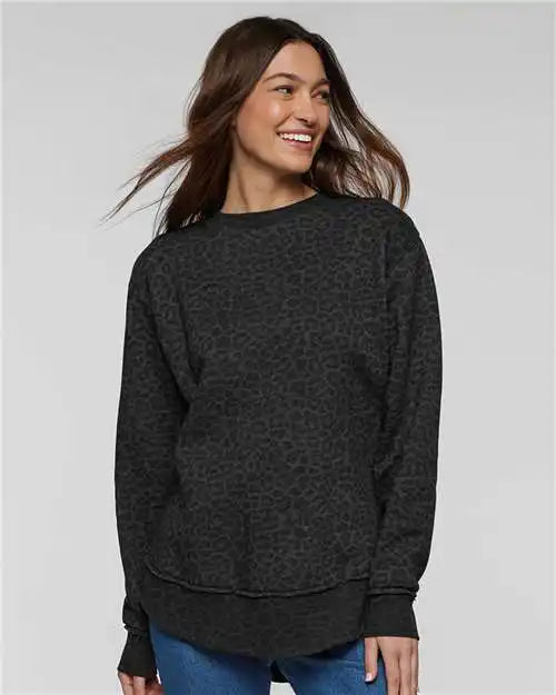 Lat 3525 Women’s Weekend Fleece Crewneck Sweatshirt - Black Leopard