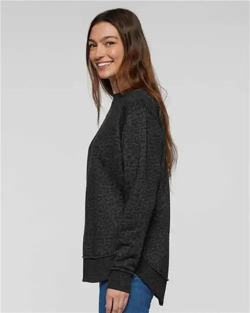 Lat 3525 Women’s Weekend Fleece Crewneck Sweatshirt - Black Leopard