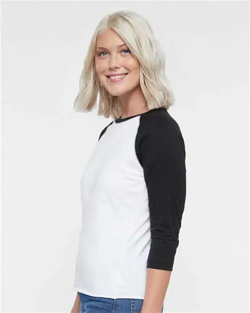Lat 3530 Women’s Baseball Fine Jersey Three-quarter Sleeve Tee - White Solid Black