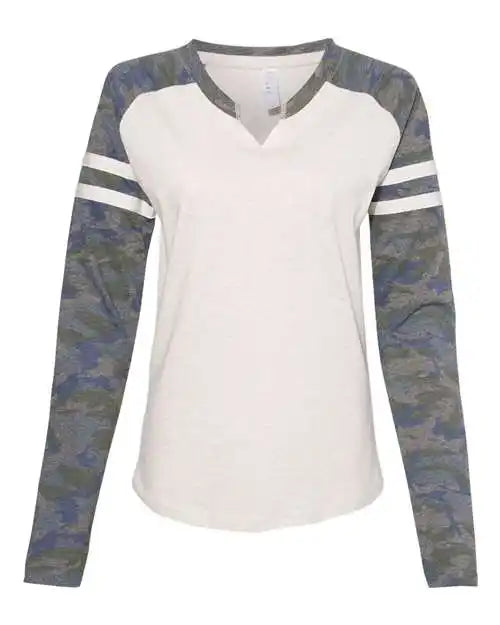 Lat 3534 Women’s Fine Jersey Mash Up Long Sleeve t Shirt Natural Heather Vintage Camo