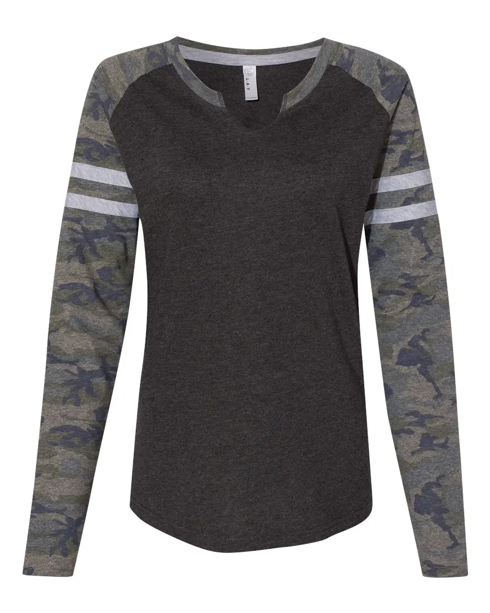 Lat 3534 Women’s Fine Jersey Mash Up Long Sleeve T-shirt - Vintage Smoke Camo - Dark Gray / s
